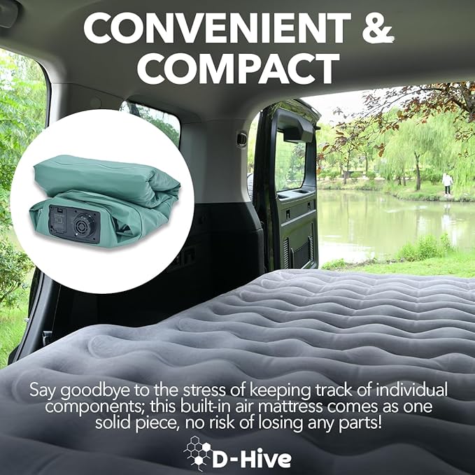 D-Hive Full Size SUV Air Mattress, Easy to Install with Built-In Pump, Quick Inflation, Anti-Deflate, Fits 2 People, Green