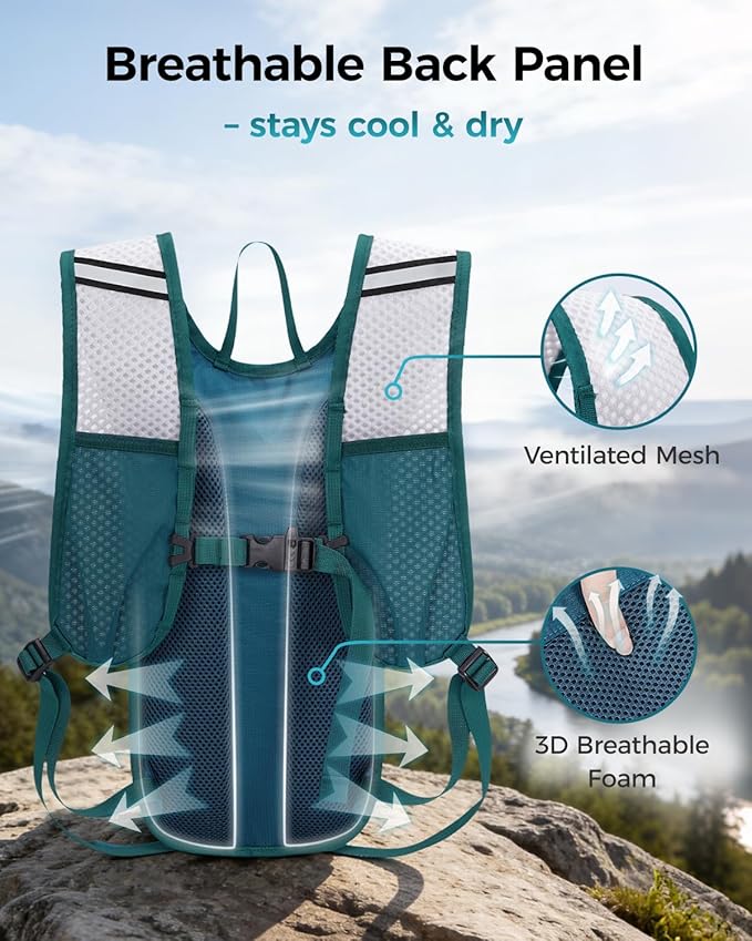 Blue Quartz Hydration Backpack with 2L Water Bladder - Lightweight Cycling & Running Pack for Men Women, Breathable Mesh Straps, L-Zip Wide Opening Hydration Pack for Quick Access