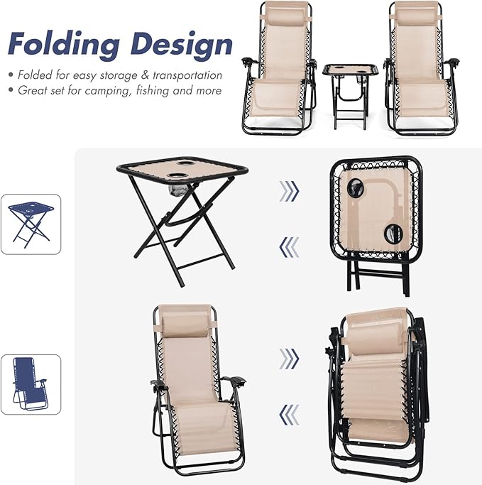 S AFSTAR Zero Gravity Chairs Set of 2, 3 PCS Folding Zero Gravity Lawn Chair Set with Side Table Cup Holders & Adjustable Headrest, Reclining Patio Chairs, Zero Gravity Lounger for Patio Poolside