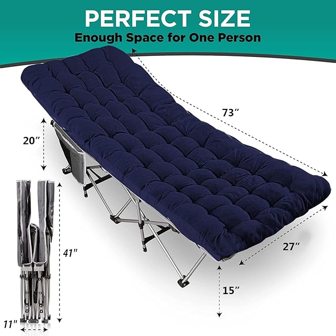 ZONETECH Folding Outdoor Camping Travel Cot and Pad - Premium Quality Lightweight Portable Heavy Duty Adult & Kids w/Large Pocket and Cushion (Gray & Blue 1-Pack)