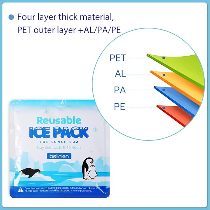 Reusable Ice Packs for Lunch Boxes - 7x7 Inch Long-Lasting Freezer Packs, BPA-Free Gel & Leakproof Design Cold Packs for Cooler, Camping, Travel