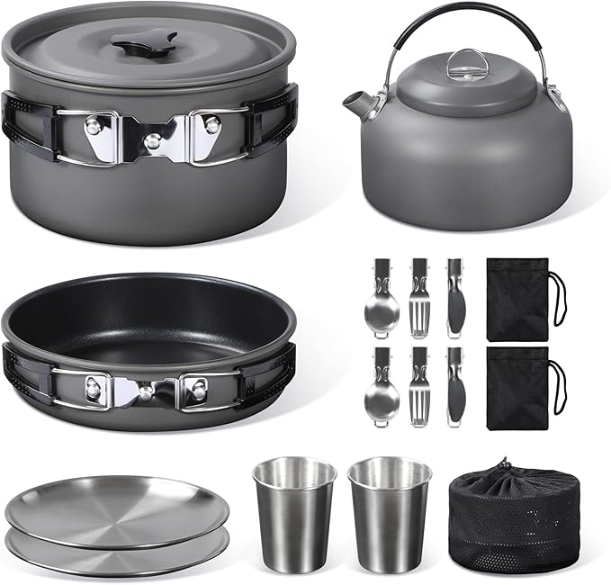 REDCAMP 6/10/11/12/14/15/19 PCS Camping Cookware Mess Kit Camping Gear Campfire Utensils Lightweight Stackable Pot Pan Bowls Soup Spoon with Storage Bag for Camping, Backpacking, Outdoor Cooking