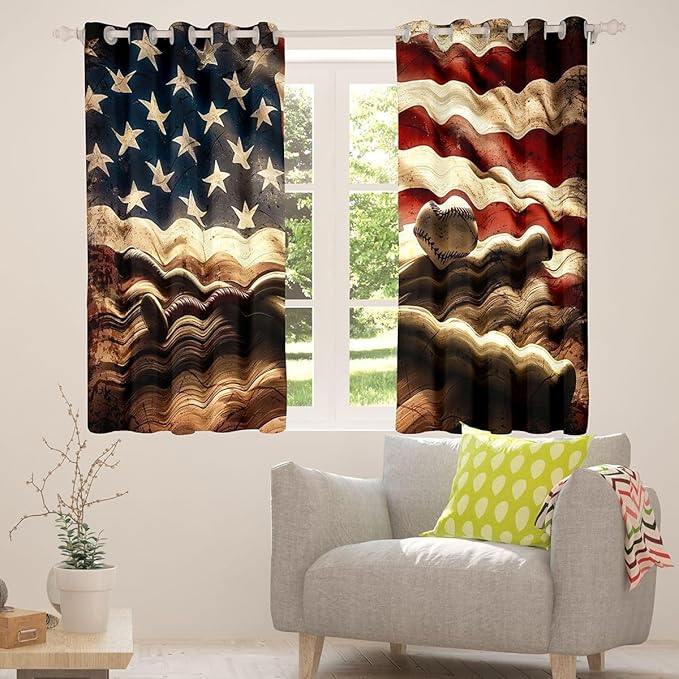 Manfei Baseball Blackout Curtains Retro American Flag Wooden Window Drapes,Sports Gaming Theme Window Treatments,Kids Boys Girls Room Decor,Grommet Top 2 Panel Set Bedroom Curtains, 38Wx45L inch