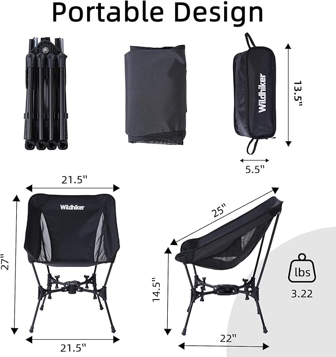 Wildhiker Portable Compact Folding Camping Chairs – Lightweight, Easy to Pack, Wider Seat Surface with Side Pocket – for Lawn, Backpacking, Motorycling, Hiking,Travel, Outdoor Festivals
