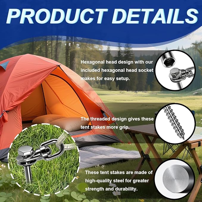 12 Inch Steel Screw in Tent Stakes,8 Pack Tent Stakes Heavy Duty,Ground Anchors Screw in,Trampoline Anchor Kit,Swing Set Anchors,Metal Threaded Camping Stakes with Hex Head Driver&Storage Bag