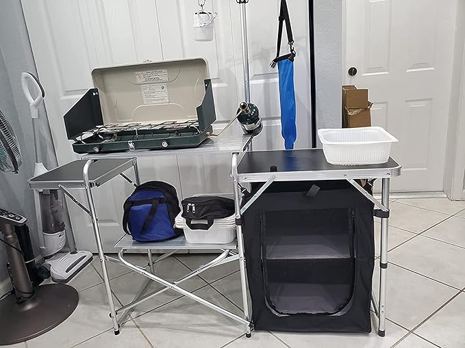Folding Cooking Table Outdoor Portable Cook Station Aluminum Camping Kitchen with Storage Organizer, Windscreen, Hooks for BBQ, Party (Black)