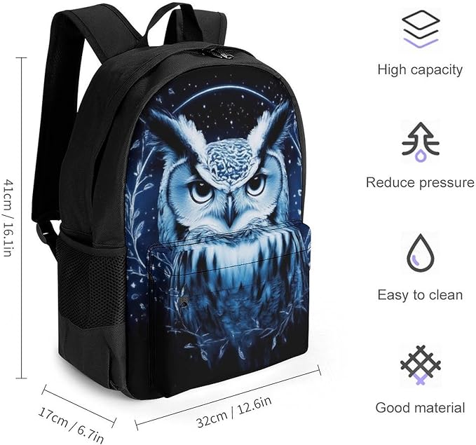 Men Women Lightweight Fantasy Beautiful Owls Art Casual Daypack Big Capacity Bookbag With Padded Straps for Gym Travel Walking Cycling
