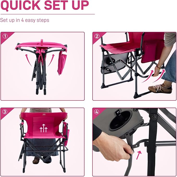 EVER ADVANCED Camping Directors' Chair with Side Table, Portable Folding with Compact Size, Heavy Duty Lawn Chair with Pocket for Camping, Lawn, Sports and Fishing, 400lbs, Pink