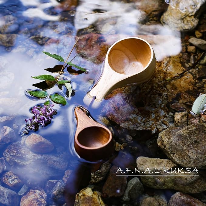 Kuksa Camping Mug Wooden Bushcraft Handcarved Cup, Nordic Style Coffee & Hiking Kuksa, 2 Pack Small & Mini Size, 3.3 oz. & 1 oz.
