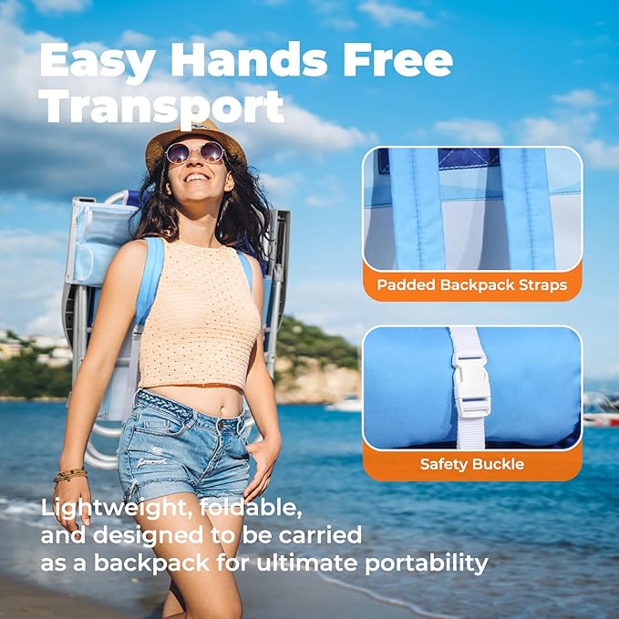 Low Beach Chairs for Adults - 5-Position Lay-Flat Backpack Chair with Large Insulated Cooler & Storage Pocket, Aluminum Frame, Portable for Travel & Outdoor, Supports 300lbs, Wave Blue