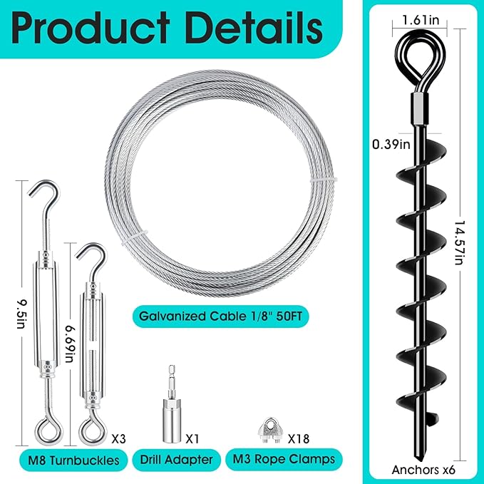 Ground Anchors Shed Anchors Kit with 1/8" Galvanized Cable and Turnbuckles, Trampoline Stakes Heavy Duty Earth Anchor for Sheds Canopy Gazebo Mobile Home Swing Set(6x15in)