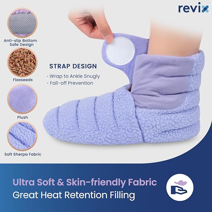 REVIX Microwavable Foot Warmers, Heated Booties for Cold Feet & Discomfort Relief, Microwavable Slippers with Adjustable Fit and Non-Slip Sole for Women & Men, Purple S