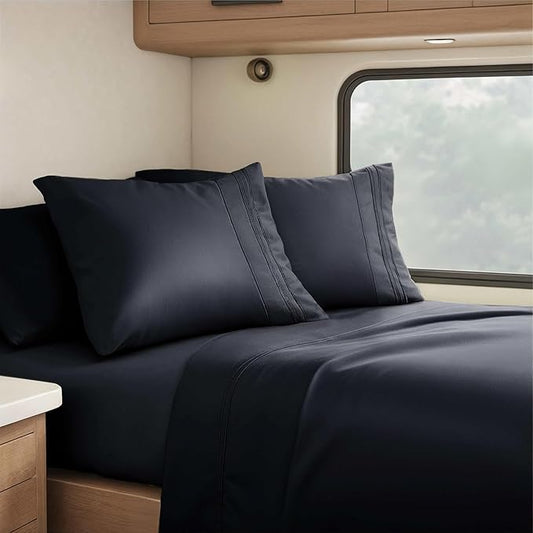 Clara Clark RV Queen Sheets, 6 Piece RV Sheets Set - Hotel Luxury Sheets for RV Bunks, Super Soft Bedding Set, Short Queen,Black