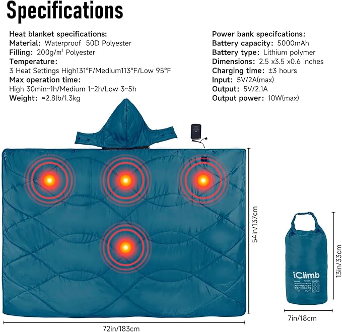 iClimb Heated Camping Blanket with Hood and Battery Pack (Blue)