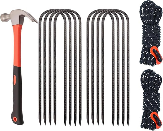 8 Pack 12 Inch Trampoline Stakes Set - Trampoline Anchors with Hammer and 2 Windproof Rope, Tent Wind Stakes - Galvanized Steel Anchors for Swing, Camping Tents, Soccer Goals, Black