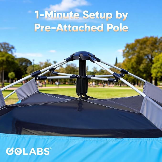 Golabs 3-4 Person Instant Camping Tent, 1-Minute Setup by Pre-Attached Pole, PU1500mm Waterproof, 4 Side Mesh & Door Ventilation with Large Canopy, Pop-up Tent with Carry Bag, Pocket & Hook for Family