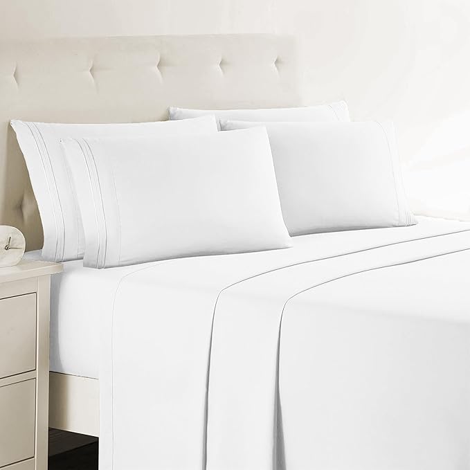 Clara Clark Queen Sheets, 6 Piece Set - Hotel Luxury Sheets for Queen Size Bed, Super Soft Bedding Set, White