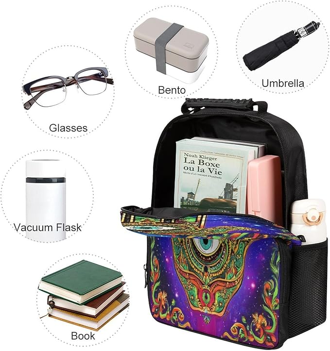 Polyester Daypack Backpack for Climbing Outdoors Running, Big Capacity Multipurpose Anti-Theft Bookbag, Colorful Eye Hamsa Hand Lotus Ethnic Indian Art Travel Hiking Camping Rucksack