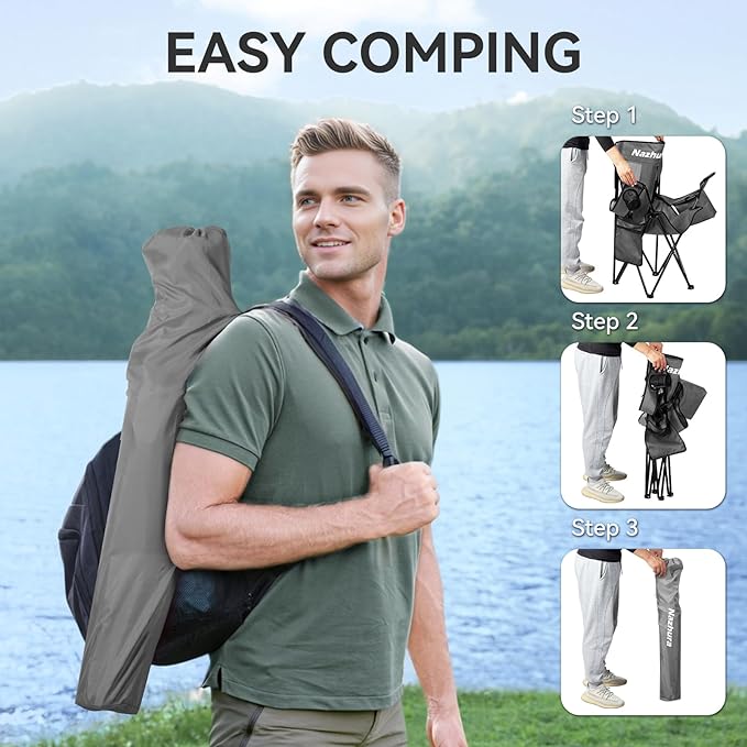 Nazhura 2 Pack Outdoor Camping Chairs Folding/Foldable/Portable with Cooler Pouch, Mesh Backrest and Cup Holder Pocket(Grey, 2 Pack)