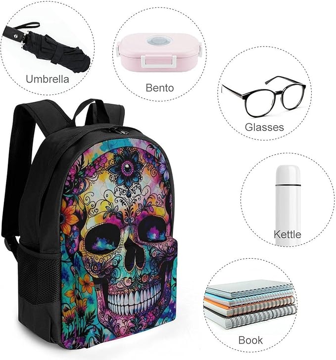 Supdreamc Polyester Daypack Backpack for Climbing Outdoors Running, Big Capacity Multipurpose Anti-Theft Bookbag, Indain Mandala Sugar Skull Travel Hiking Camping Rucksack