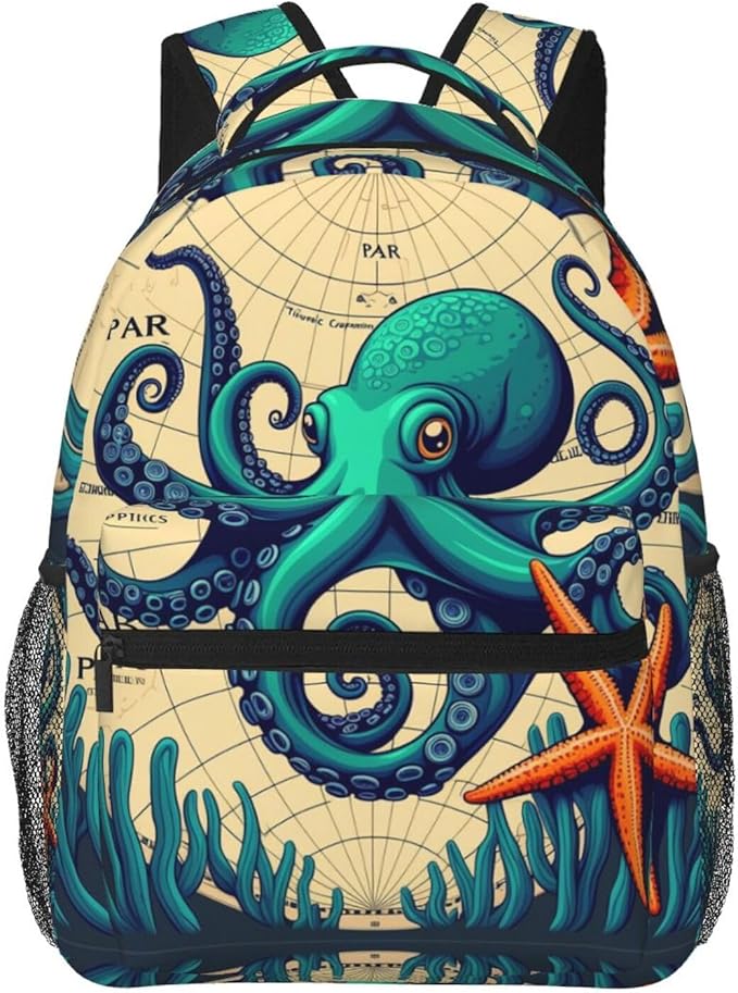 Daypack Polyester Anti-Theft Multipurpose Retro Octopus Art Bookbag Big Capacity Gym Outdoor Hiking Backpack With Adjustable Shoulder Straps