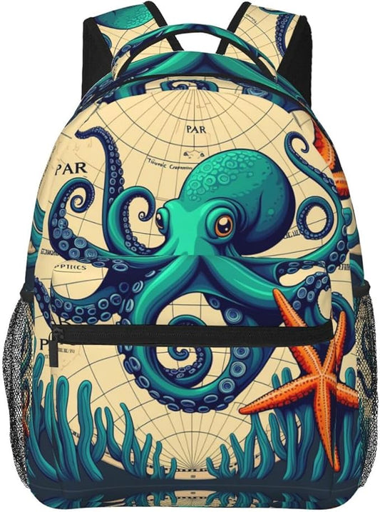 Daypack Polyester Anti-Theft Multipurpose Retro Octopus Art Bookbag Big Capacity Gym Outdoor Hiking Backpack With Adjustable Shoulder Straps