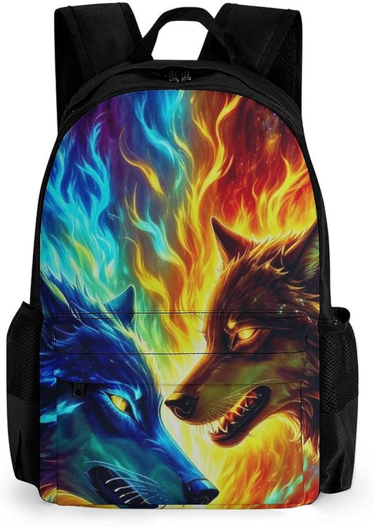Supdreamc Men Women Polyester Ice And Fire Flaming Cool Wolf Daypack Big Capacity Shoulder Bag With Smooth Zippers for Hiking Work Walking Cycling