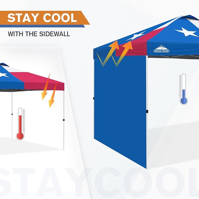 EAGLE PEAK Pop Up Canopy Tent with 1 Sidewall, Easy Setup Event Tent, Outdoor Sun Shade, Wheeled Carry Bag, Stakes and Guy Ropes, Instant Canopy 10x10, Tex Flag