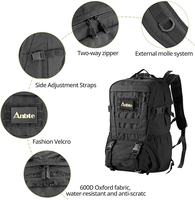 Anbte 40 L Waterproof Lightweight Tactical Backpack, MOLLE System, Comfortable Design for Camping, Hiking, Cycling & Travel, Durable Outdoor Day Pack for Men & Women (Black)