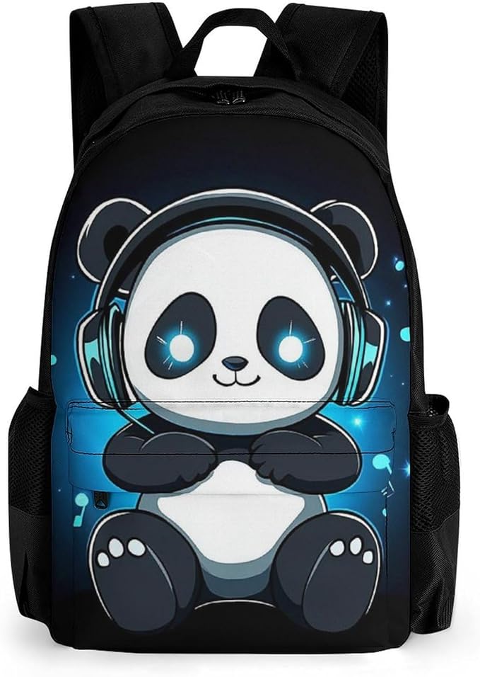 Supdreamc Daypack Backpack Polyester Multipurpose Anti-Theft Animal Headphones Music Cute Panda Shoulder Bag Big Capacity Gym Outdoor Hiking Backpack With Smooth Zippers
