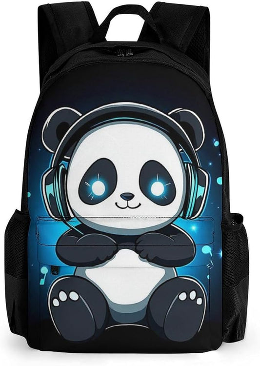 Supdreamc Daypack Backpack Polyester Multipurpose Anti-Theft Animal Headphones Music Cute Panda Shoulder Bag Big Capacity Gym Outdoor Hiking Backpack With Smooth Zippers