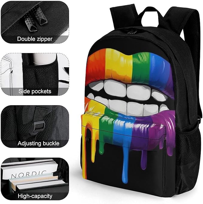 Men Women Polyester Lgbt Pride Lip Daypack Backpack Large Capacity Carry On Bag With Smooth Zippers for Hiking Picnic Walking Cycling