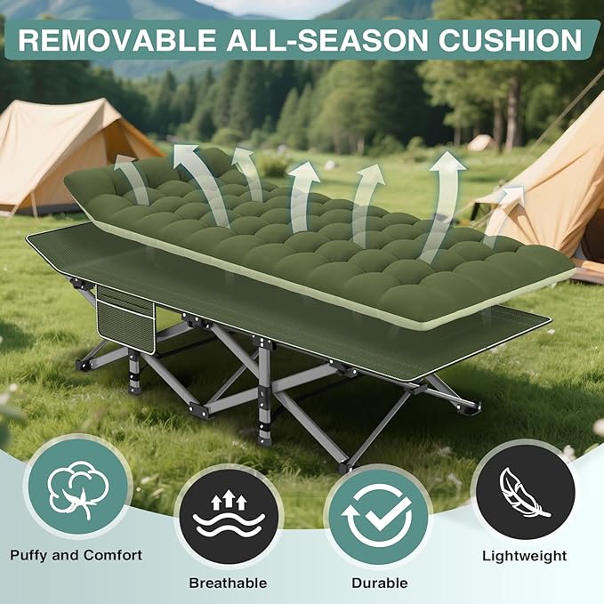 ZENPETIO Camping Cot for Adults - Heavy-Duty Cot Bed with Mattress, Portable Sleeping Cots for Outdoor Indoor, 1200D Oxford Folding Cots for Home Travel, Max load 500LBS, Fits People up to 6'3", Green
