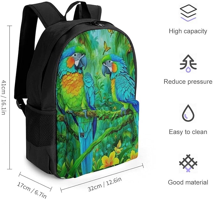 Supdreamc Men Women Lightweight Parrots Spirit Art Backpack Large Capacity Carry On Bag With Padded Straps for Sports Work Walking Cycling
