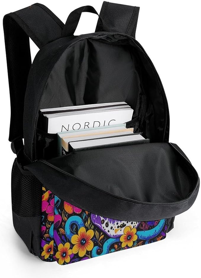 Men Women Polyester Trippy Skull Head Mushroom Art Daypack Bookbag Big Capacity Shoulder Bag With Padded Straps for Climbing Travel Walking Cycling