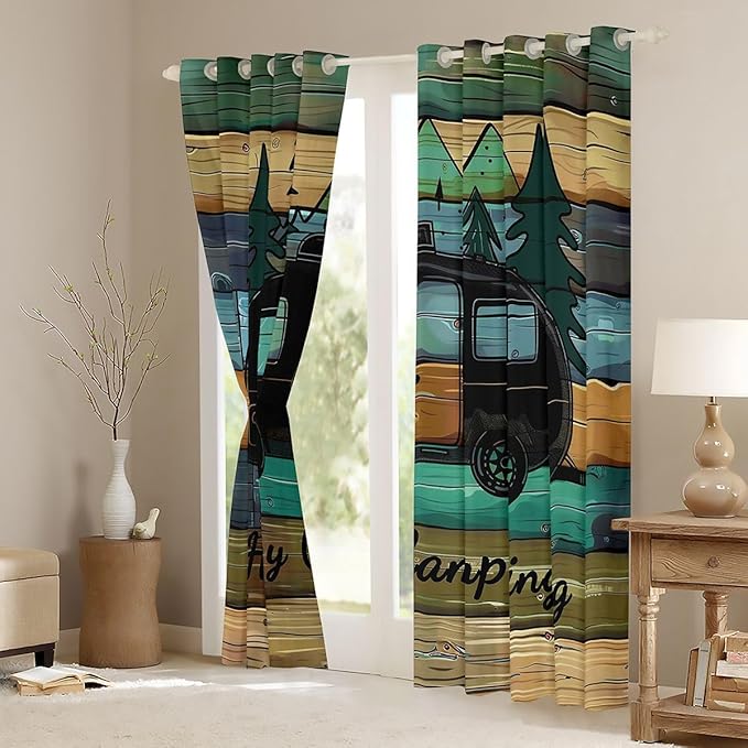 jejeloiu Happy Camping Blackout Curtains 30%-50% Vintage Darkening Drapes for Bedroom Living Room Decor Cartoon Camping Car Thermal Insulated Shades Window Treatments, 2 Panels 52 x 90 Inch