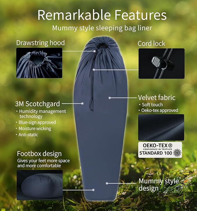 Litume Velvet Velour Sleeping Bag Liner Add Up to 14°F/ 8°C, Mummy Sleeping Sack Backpacking, Camping, Traveling, Hotel, Hostal, Lightweight Sleep Sack with Drawstring Hood E625