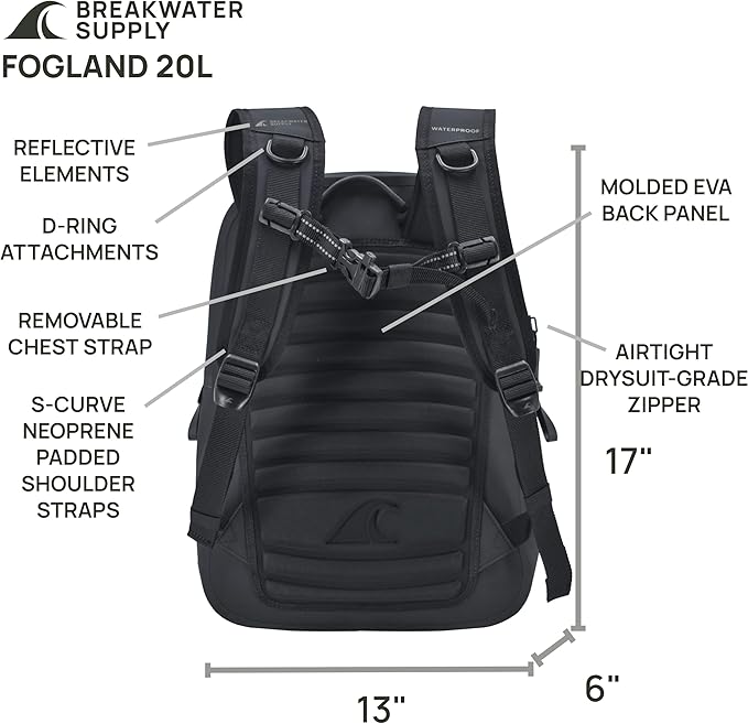 Breakwater Supply™ Fogland Waterproof IP68 Submersible Backpack with Airtight Zippers | Laptop Travel Outdoors | 25L 20L 15L | 100% Waterproof, Submersible, Airtight Zippers, Travel Outdoors