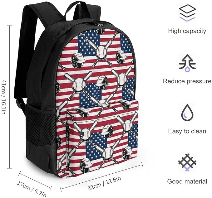 Daypack Backpack Anti-Theft Multipurpose Large Capacity Carry On Bag, Vintage Baseball American Flag Traveling Camping Backpack With Side Pockets