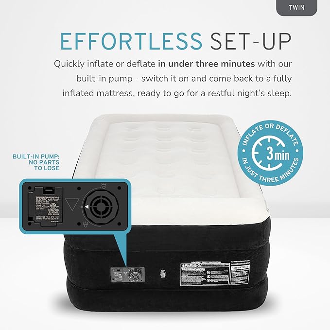 RestElevated Luxury Pillow Top Twin Size Air Mattress with Built in Pump | 20" Raised Height with Coil Beam Support | Adjustable Blow Up Air Bed | for Home, Guests and Camping [Black with Cream Top]