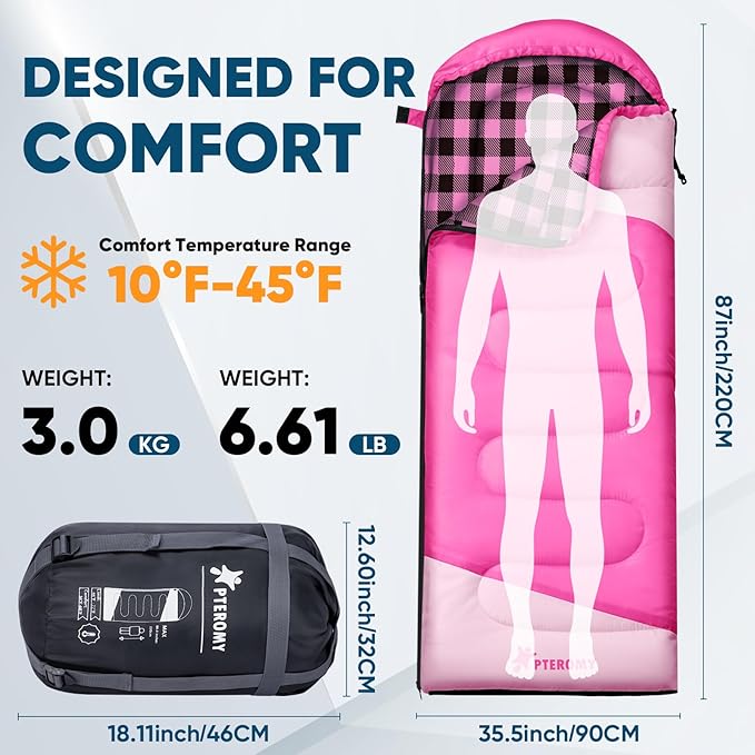 PTEROMY Sleeping Bags for Adults, Lightweight and Machine Washable, Water Resistant Backpacking Camping Sleeping Bag for Warm Cold Weather, Camping Essentials for Hiking Travel