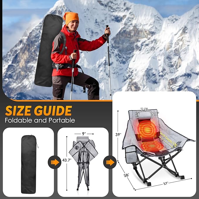 Suteck Heated Rocking Camping Chair, XL Oversized Rocking Chair Outdoor with 3 Heat Levels for Back and Seat, Heated Chairs Outdoor Sports for Patio Lawn Picnic Travel, Battery(Not Included)