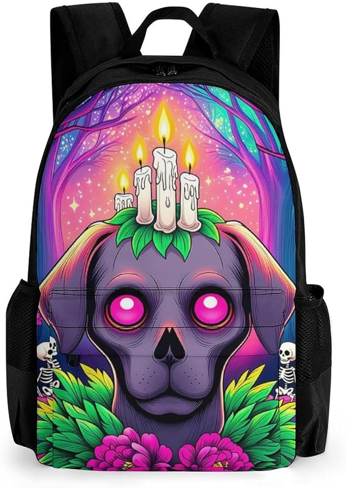 Supdreamc Men Women Polyester Surrealist Dog Halloween Skeletons Flowers Fantasy Art Daypack Backpack Large Capacity Carry On Bag With Smooth Zippers for Hiking Picnic Walking Cycling