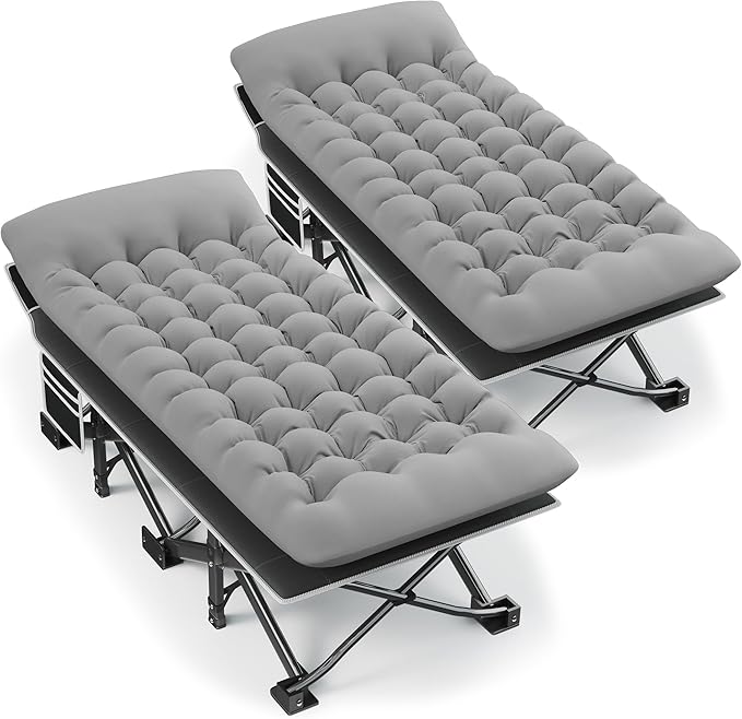 Portable Camping Cot, 32" Extra Wide Camping Cots for Adults with Thick Mattress, Heavy Duty Sleeping Cot Holds Up to 600LBS, Cots for Sleeping, Rv, Beach, Patio, Office Naps 2Pcs (Grey)