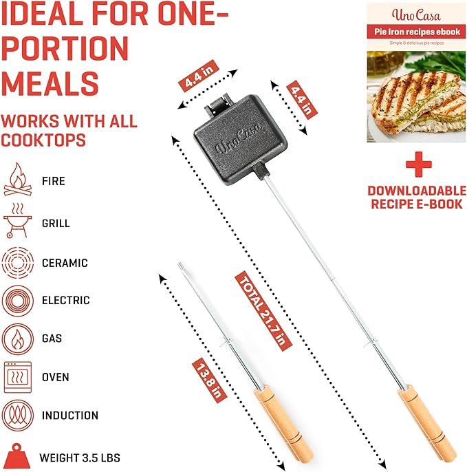 Uno Casa Small Double Pie Iron Sandwich Maker Set of 2 - Japanese Sandwich Maker with Recipe Book - Durable Campfire Cooking Equipment for Grilled Sandwiches, Pies, and Breakfast Treats