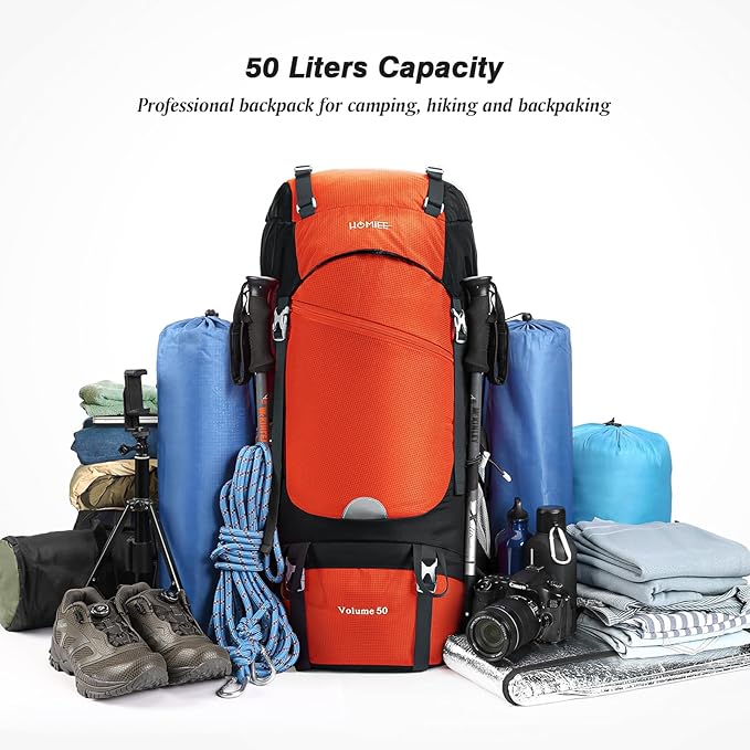 HOMIEE 50L Hiking Backpack Travel Bag Waterproof Camping Rucksack with Rain Cover Lightweight Backpacking Backpack