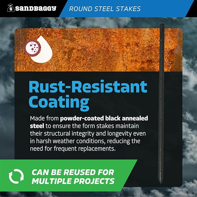 Sandbaggy Round Steel Concrete Form Stakes with Nail Holes - Rust Resistant Coating - Removable, Reusable (10, 3/4 in X 24 in)