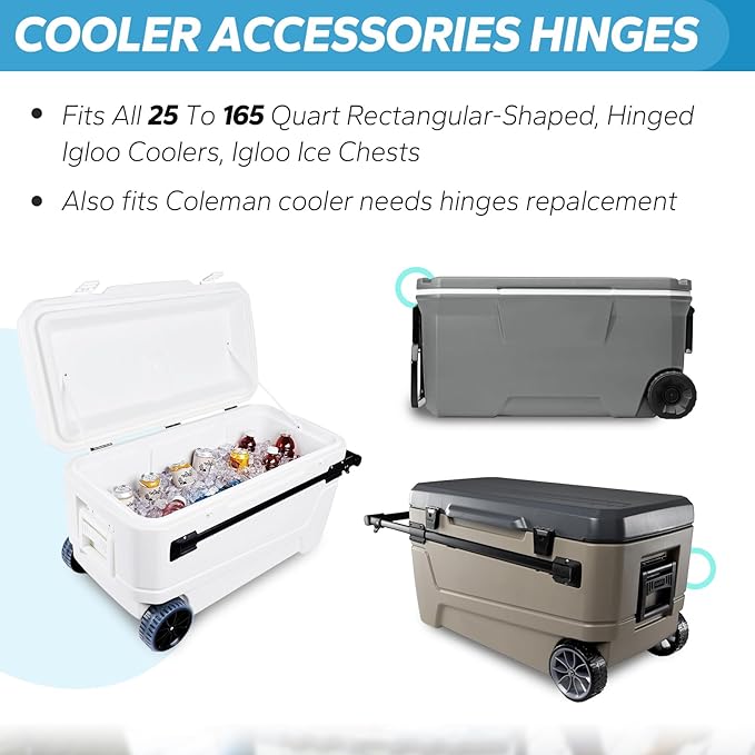 Stainless Steel Cooler Hinges Replacement Parts for Igloo Style Ice Chests - Compatible with Igloo Camping Cooler Accessories 25-165 Quart Coolers (Set of 3)