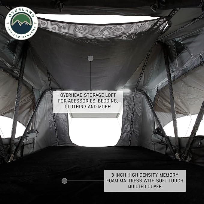 Extended Soft Shell Rooftop Tent, 2-Person - Overland Vehicle Systems HD Nomadic 2 - Grey Body & Green Rainfly