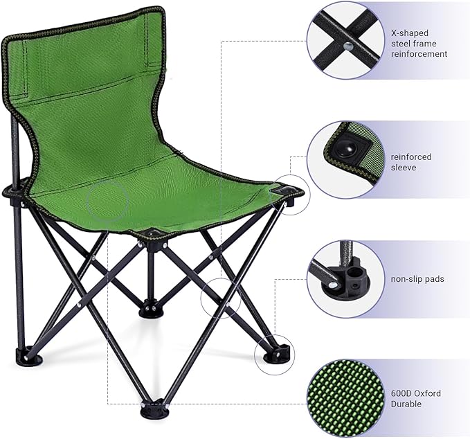Kids Camping Chair, Kids Folding Chair for Outdoor, Lightweight Backpacking Chair, Armless Foldable Lawn Chair for Outdoor Camping Hiking Beach Sports and Picnic, Green, with Carry Bag
